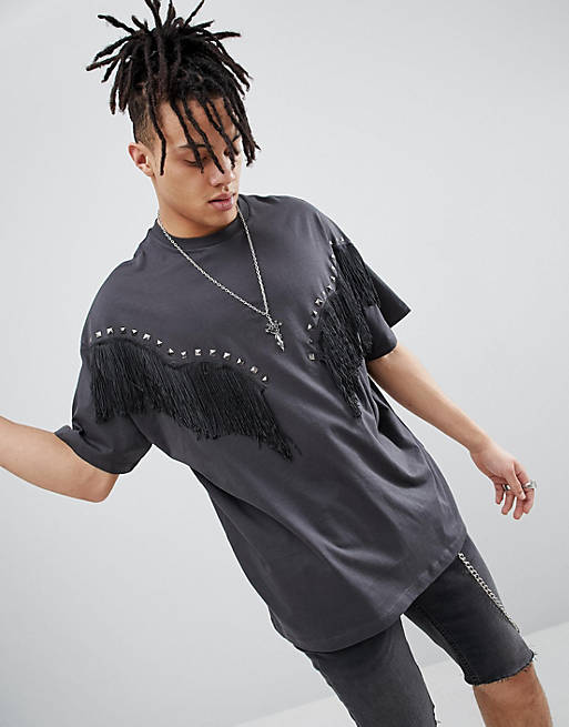 ASOS DESIGN festival oversized t-shirt with fringing and studding in ...