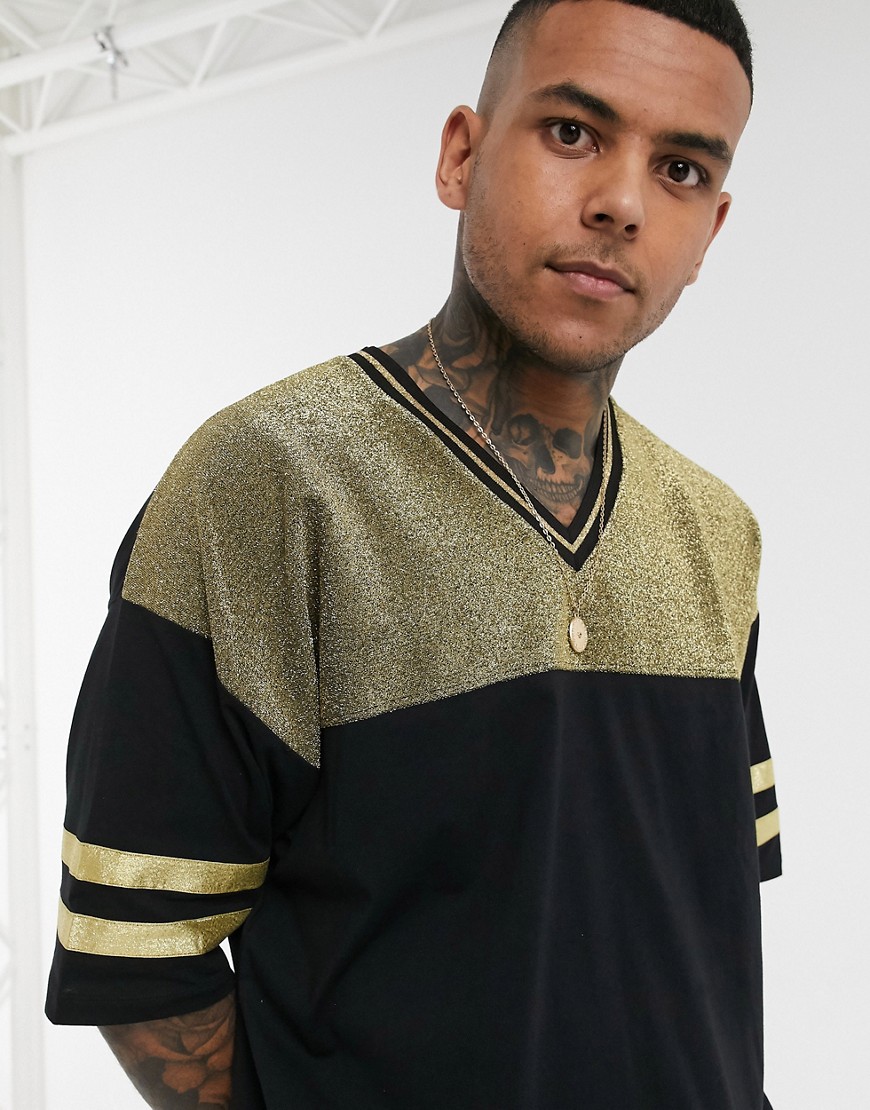 ASOS DESIGN festival oversized t-shirt with half sleeve and v neck in metallic gold-Black