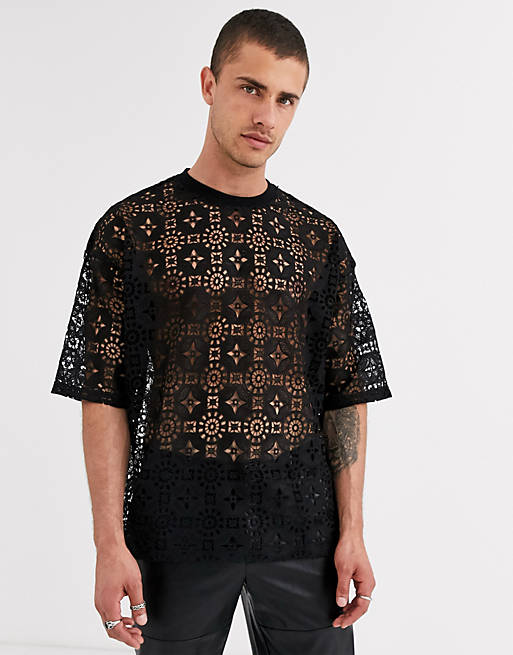 ASOS DESIGN festival oversized t-shirt with half sleeve in black lace ...