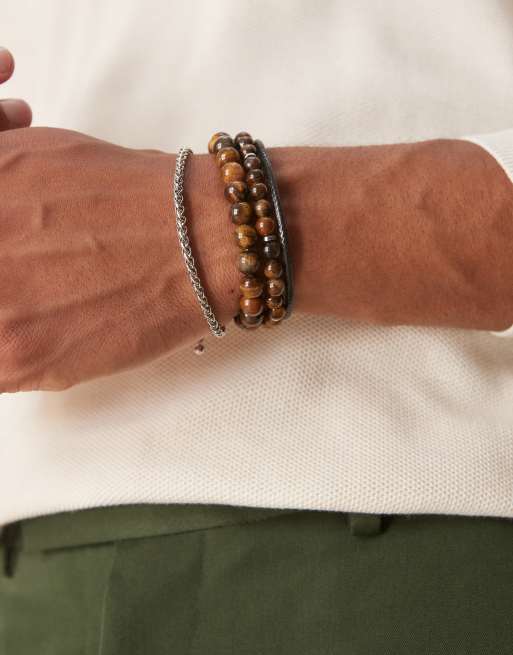 ASOS DESIGN - Festival - Pakke med 4 brune armbånd med perler i imiteret læder 