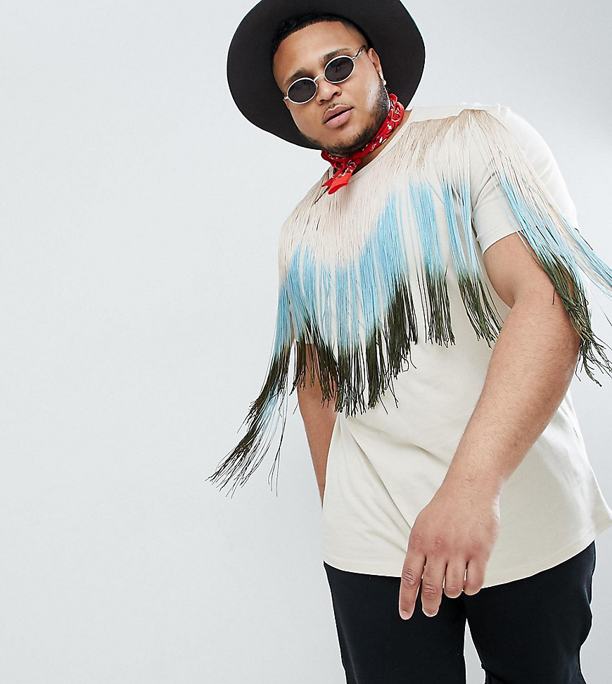 ASOS DESIGN festival Plus relaxed longline t-shirt with ombre fringe front-Beige