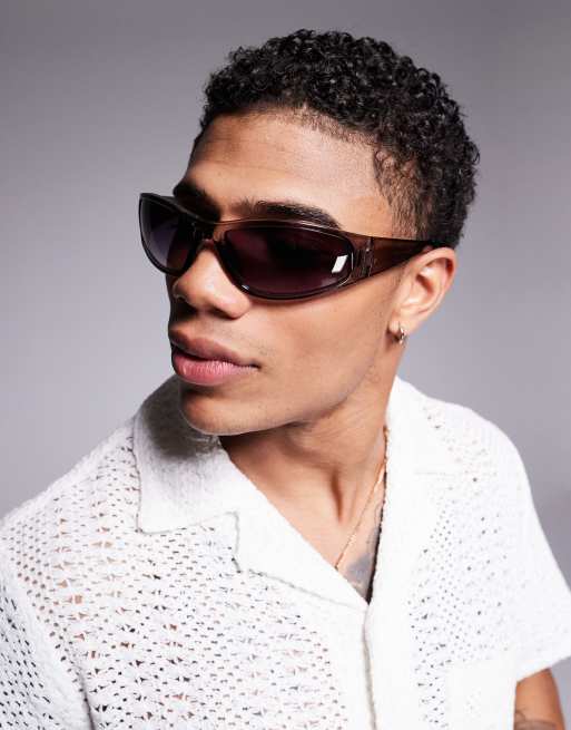 ASOS DESIGN – Festival-Racer-Sonnenbrille in Kristall-Anthrazit mit grau getönten Gläsern