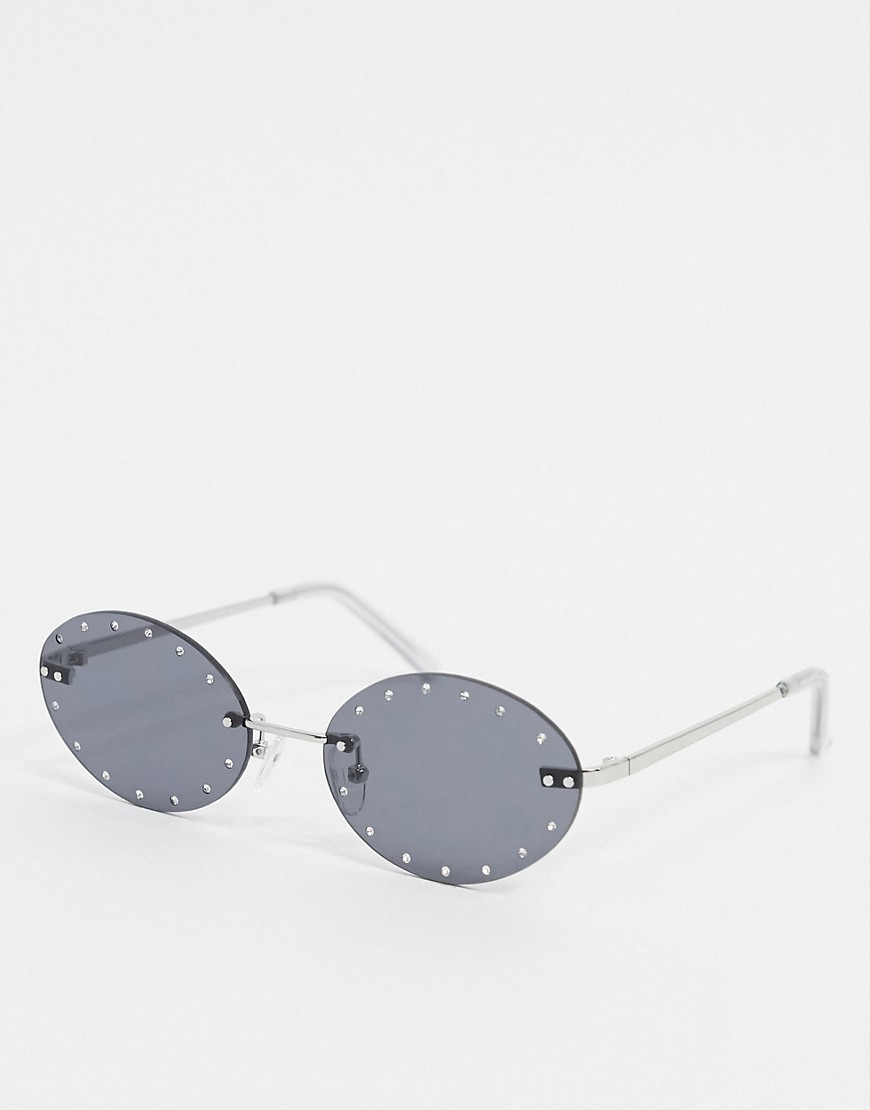 ASOS DESIGN - Festival - Randloze zonnebril van zilverkleurig metaal met getinte glazen en siersteentjes