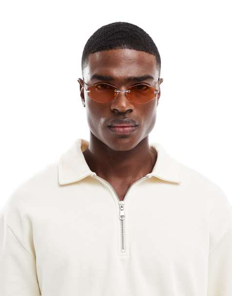 ASOS DESIGN festival rimless hexagon sunglasses with amber lens and metal silver frame - view 1
