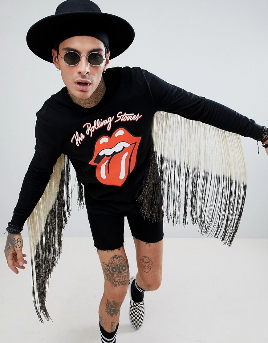 ASOS DESIGN festival Rolling Stones relaxed long sleeve t-shirt with tassel back-Black