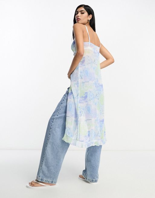 ASOS DESIGN festival ruffle longline cami with split front in blue paisley  print
