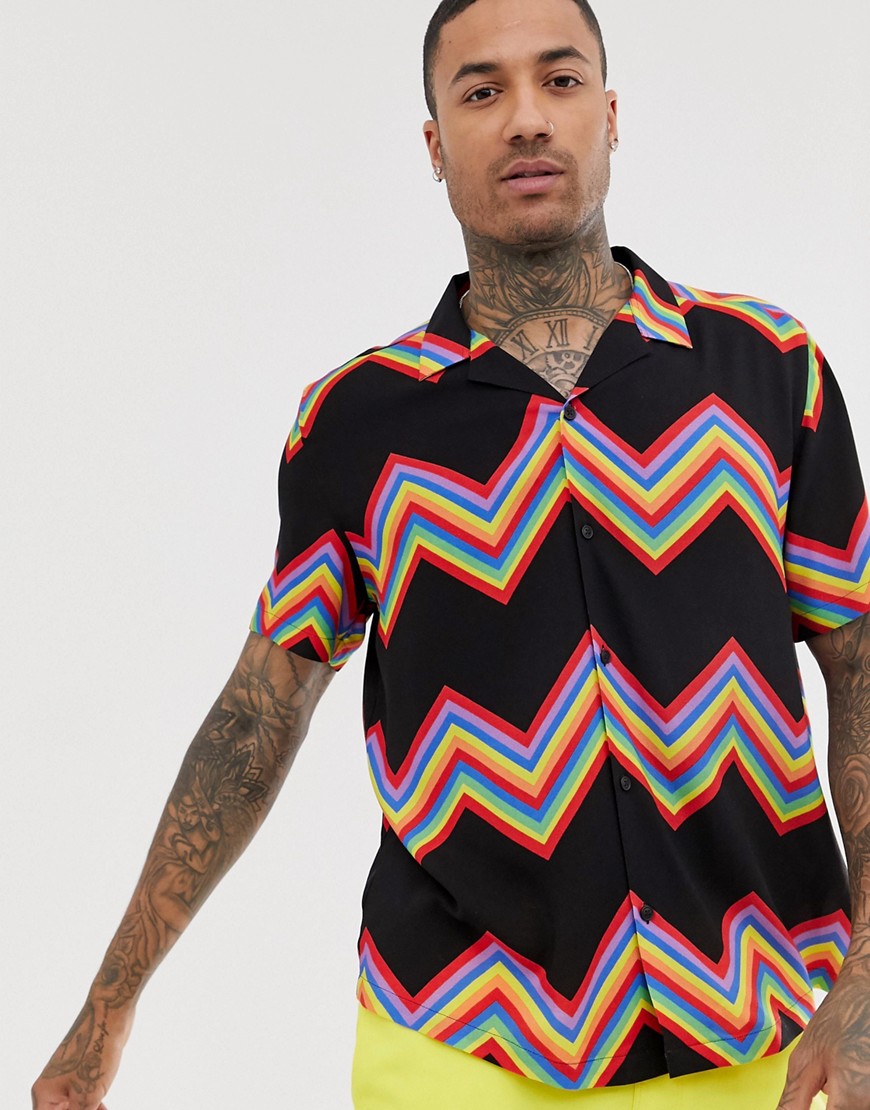 ASOS DESIGN - Ruimvallend overhemd met regenboogkleurig visgraatmotief-Zwart