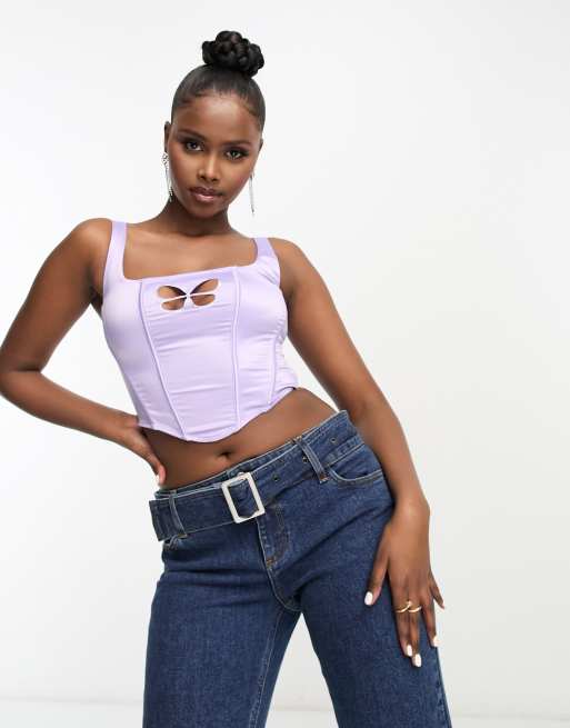 ASOS DESIGN Festival satin corset with butterfly cut-out in lilac