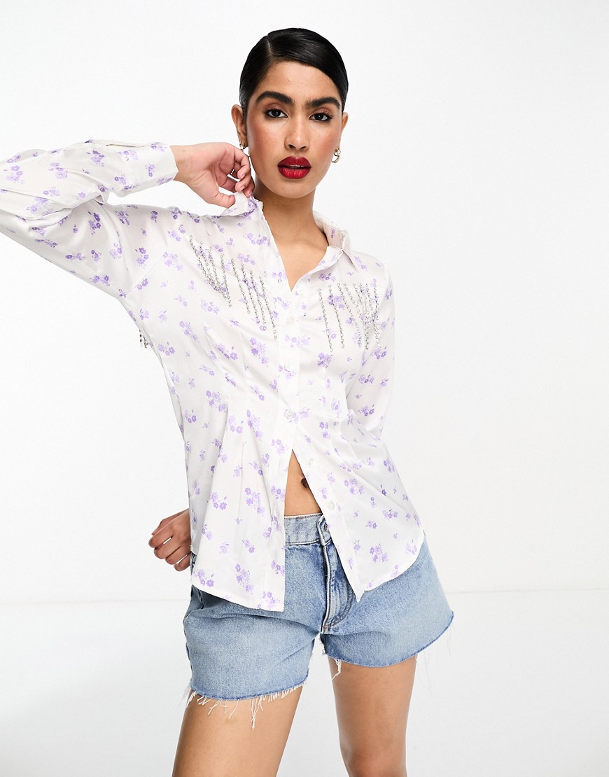 ASOS DESIGN festival satin shirt in ditsy floral with diamante fringing-Multi