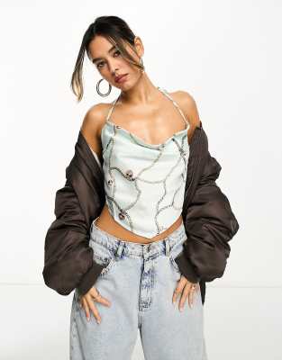 ASOS DESIGN festival scarf halter top with tie back in chain