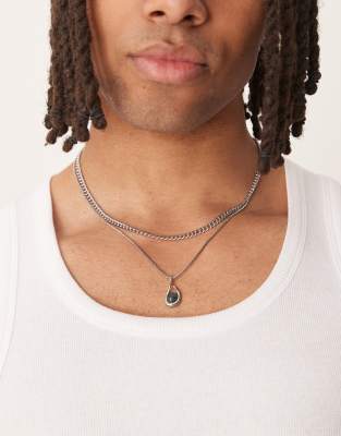 festival semi-precious 2 pack moss agate molten pendant necklaces in silver tone