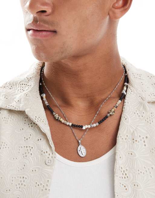 ASOS DESIGN Festival semi-precious 2 pack of necklaces with beads and cross coin pendant in silver and black