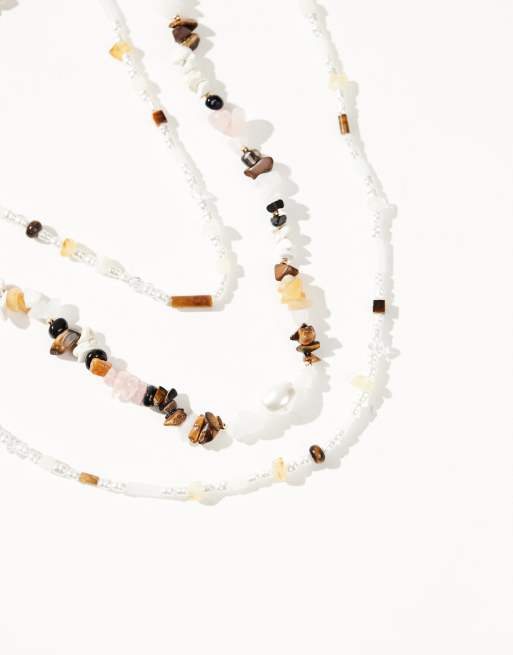 ASOS DESIGN Festival semi-precious 3 pack of beaded mixed chips necklaces in multi, 3 of 3