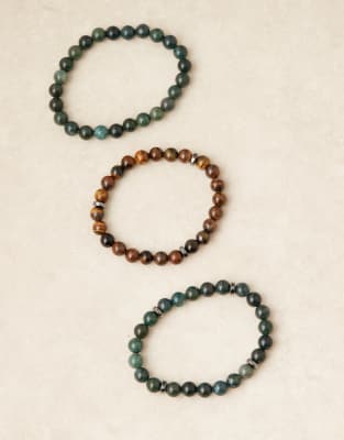 ASOS DESIGN ASOS DESIGN festival semi-precious beaded 3 pack bracelets in neutral-Brown