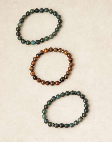 ASOS DESIGN Festival semi-precious beaded 3 pack of bracelets in neutral - view 1
