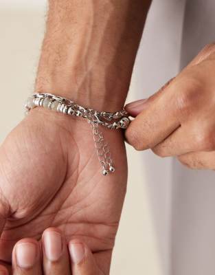 Asos Design Festival Semi-precious Labradorite And Chain 2 Pack Bracelet In Silver