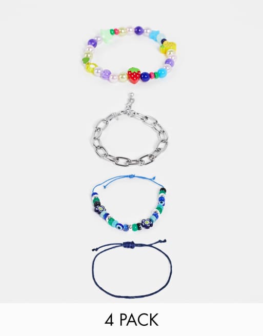 ASOS DESIGN - Festival - Set van 4 vrolijke armbanden met gemengde kralenbedeltjes en kettingen in blauw