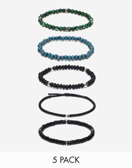 ASOS DESIGN - Festival - Set van 5 armbanden met kralen en koord in zwart met groene tinten  