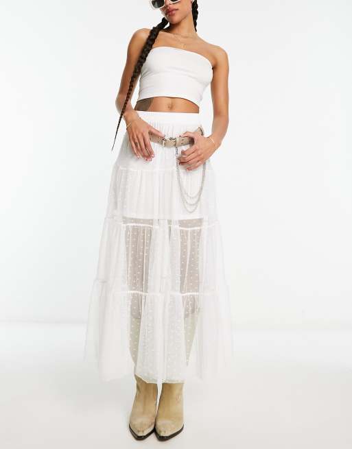 ASOS DESIGN festival sheer dobby mesh tiered maxi skirt in ivory