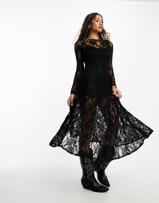 Black lace long outlet sleeve maxi dress