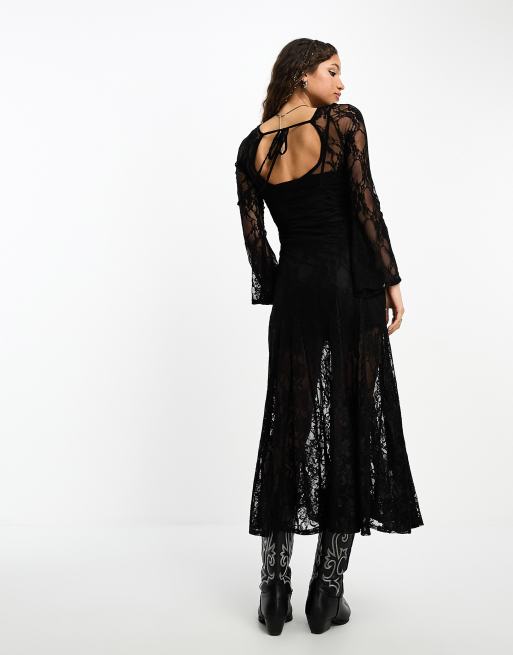 ASOS DESIGN festival sheer lace maxi dress with angel sleeves in black ASOS