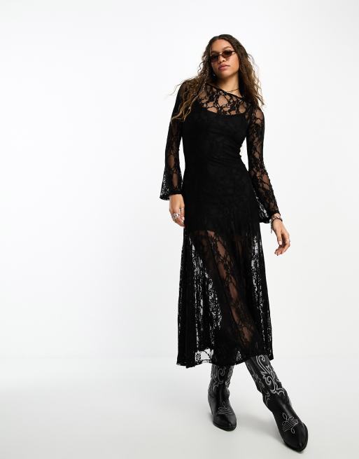 ASOS DESIGN festival sheer lace maxi dress with angel sleeves in black