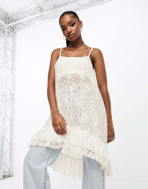 Sheer Lace Fitted Maxi Dress in White