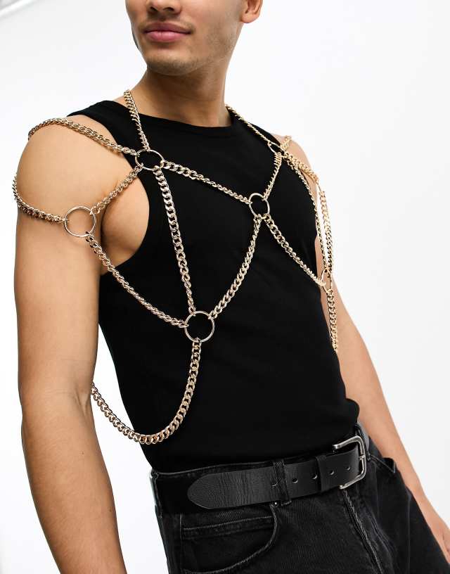 ASOS DESIGN festival short chain body harness in gold tone