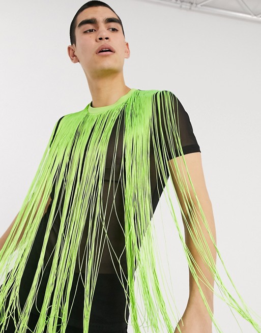 ASOS DESIGN festival skinny mesh t-shirt with neon fringing