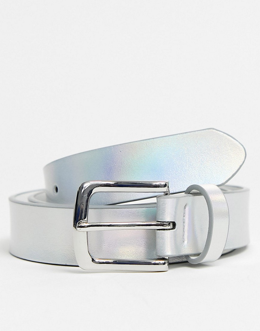ASOS DESIGN festival slim belt in iridescent silver faux leather