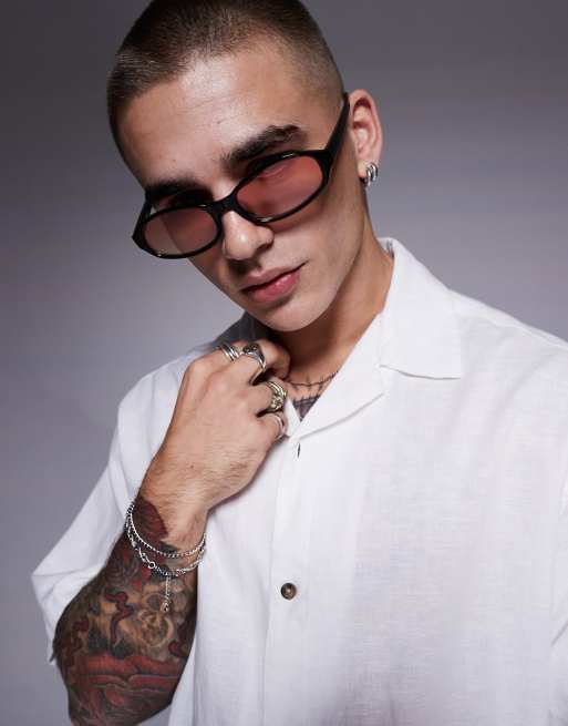 ASOS DESIGN festival slim oval sunglasses with pink lens and black frame
