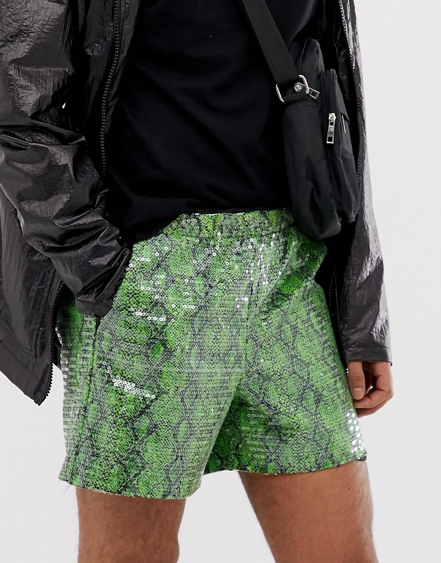 ASOS DESIGN festival slim shorts with snake print in sequins-Green