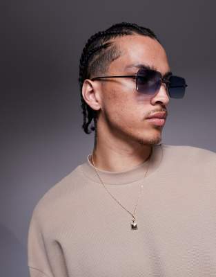 ASOS DESIGN festival square rimless sunglasses with blue lens and metal silver frame