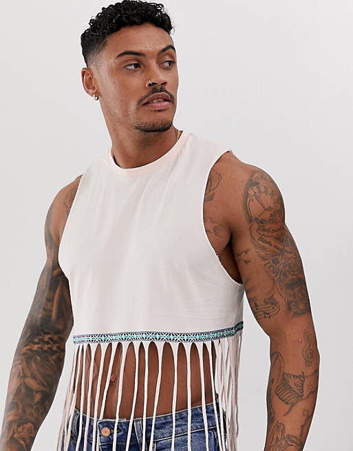 ASOS DESIGN Festival super crop tank with fringing and contrast tape