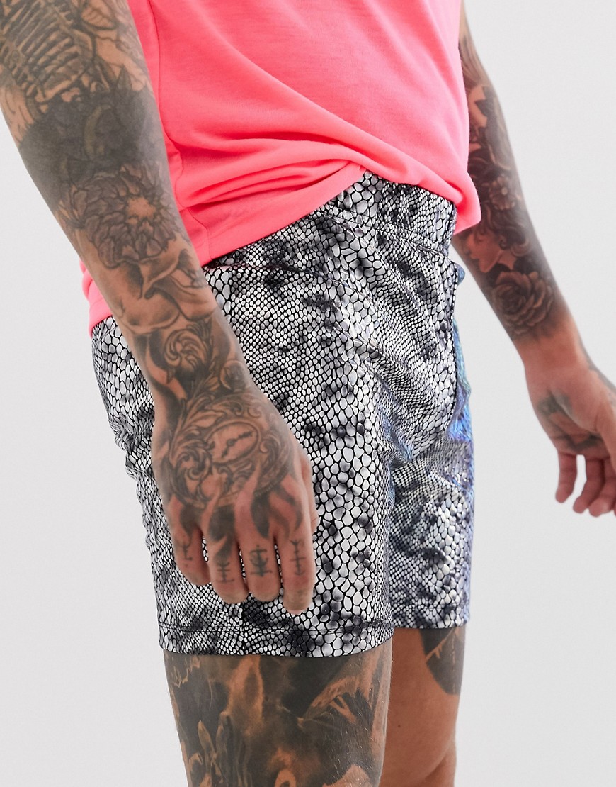 ASOS DESIGN Festival super short jersey skinny shorts in foil snake print-Grey