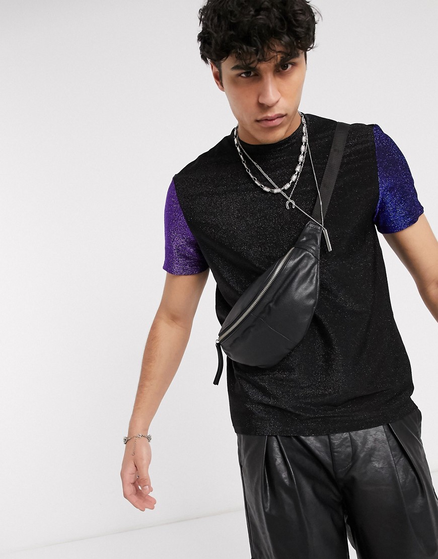 ASOS DESIGN - Festival - T-shirt attillata nera in tessuto brillante con maniche a contrasto-Nero