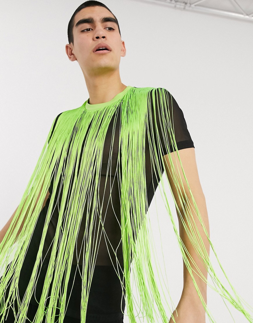 ASOS DESIGN – Festival – T-shirt i mesh med neonfransar och extra smal passform-Svart
