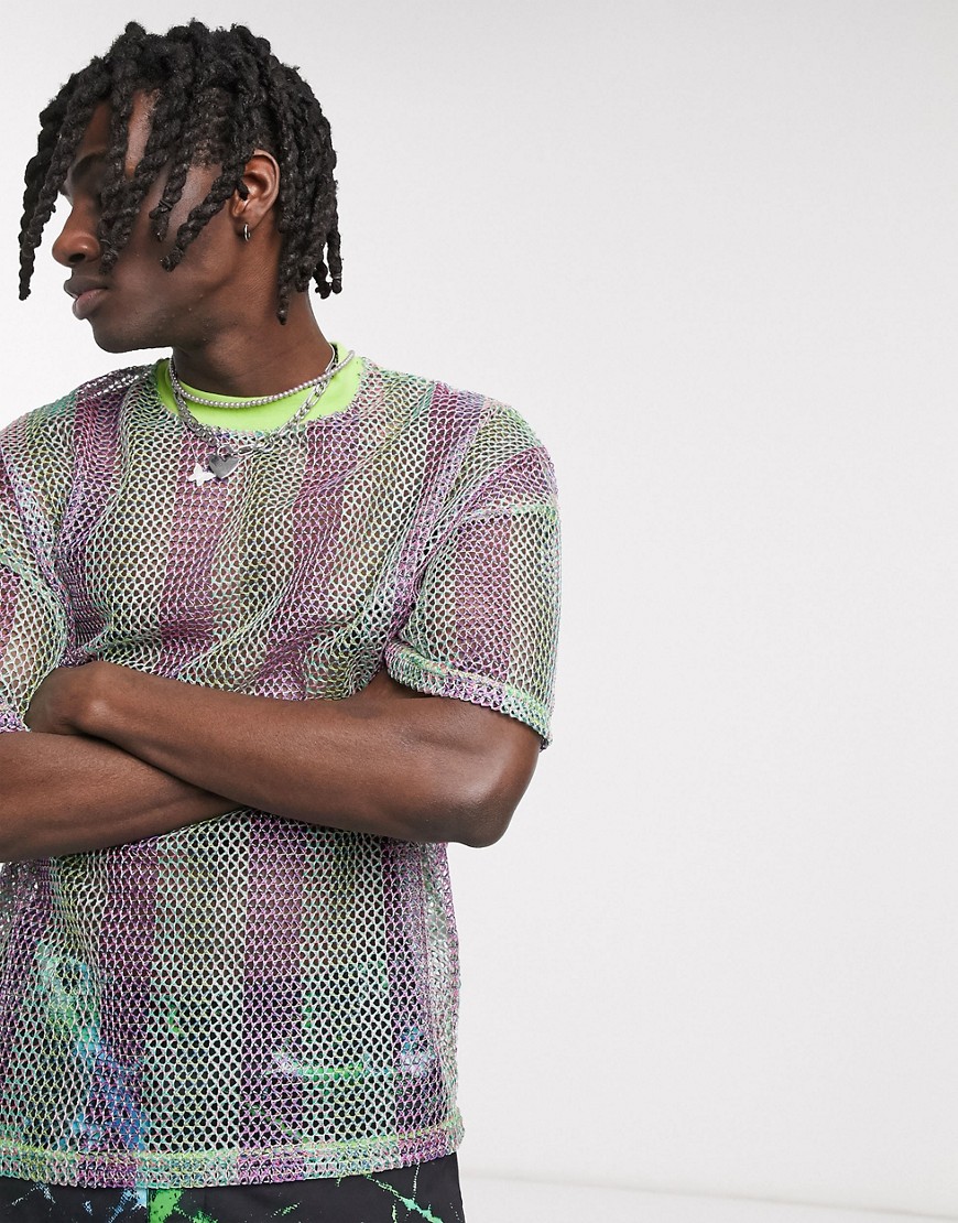 ASOS DESIGN – Festival-t-shirt i regnbågsfärgad mesh med oversize-passform-Flerfärgad