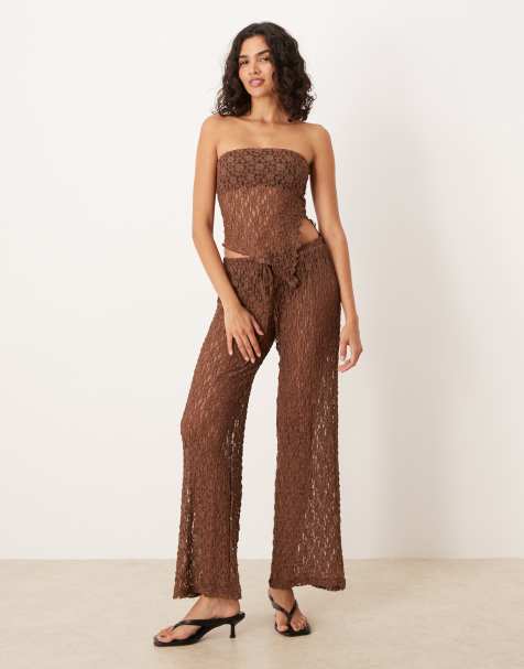 ASOS DESIGN – Festival – Transparente Spitzenhose in Braun mit mittelhohem Bund, Kombiteil - view 1