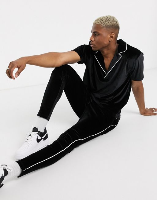 ASOS DESIGN festival two-piece relaxed deep revere polo in black velour  with piping