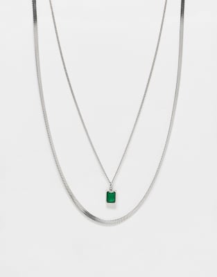 festival waterproof stainless steel 2 pack faux emerald pendant necklaces in silver tone