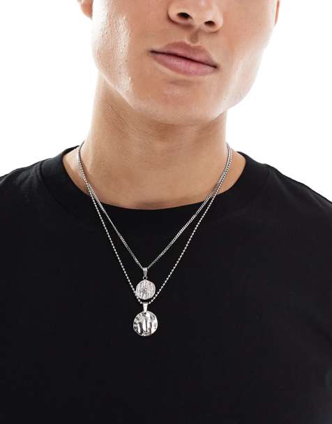 ASOS DESIGN festival waterproof stainless steel 2 pack molten hammered pendant necklace in silver - view 1