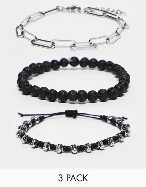 ASOS DESIGN – Festival – Zestaw 3 bransoletek na sznurku i na łańcuszku w odcieniach czerni i srebra  