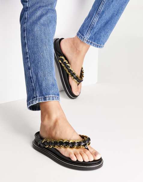 ASOS DESIGN Festive premium leather chain flat sandals in black - view 1