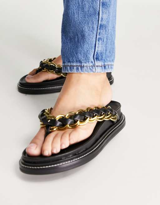 ASOS DESIGN Festive premium leather chain flat sandals in black