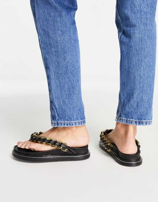 ASOS DESIGN Festive premium leather chain flat sandals in black