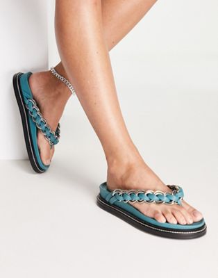 ASOS DESIGN Festive premium leather chain flat sandals in teal - ASOS Price Checker