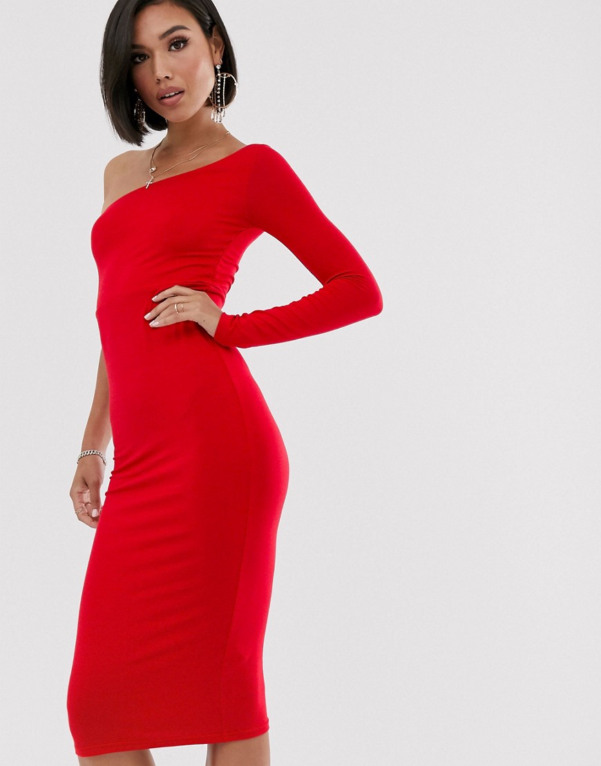 ASOS DESIGN – Festklänning i midilängd med bar axel och bodycon-passform-Röd