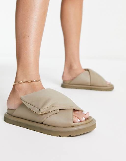 ASOS DESIGN Fibers padded flat sandals in light khaki