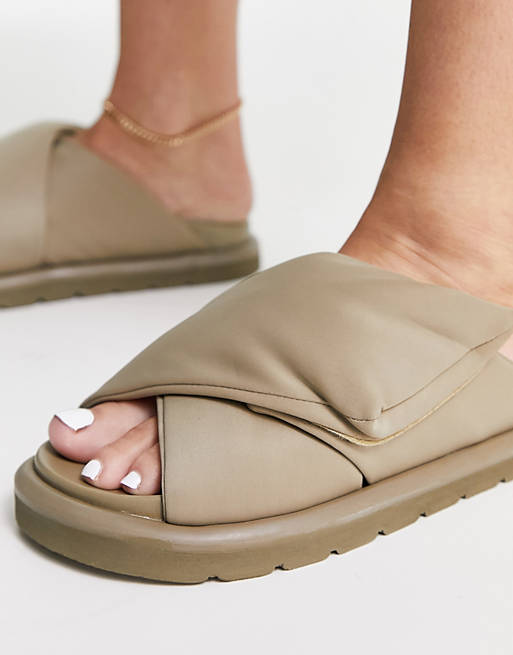 ASOS DESIGN Fibers padded flat sandals in light khaki